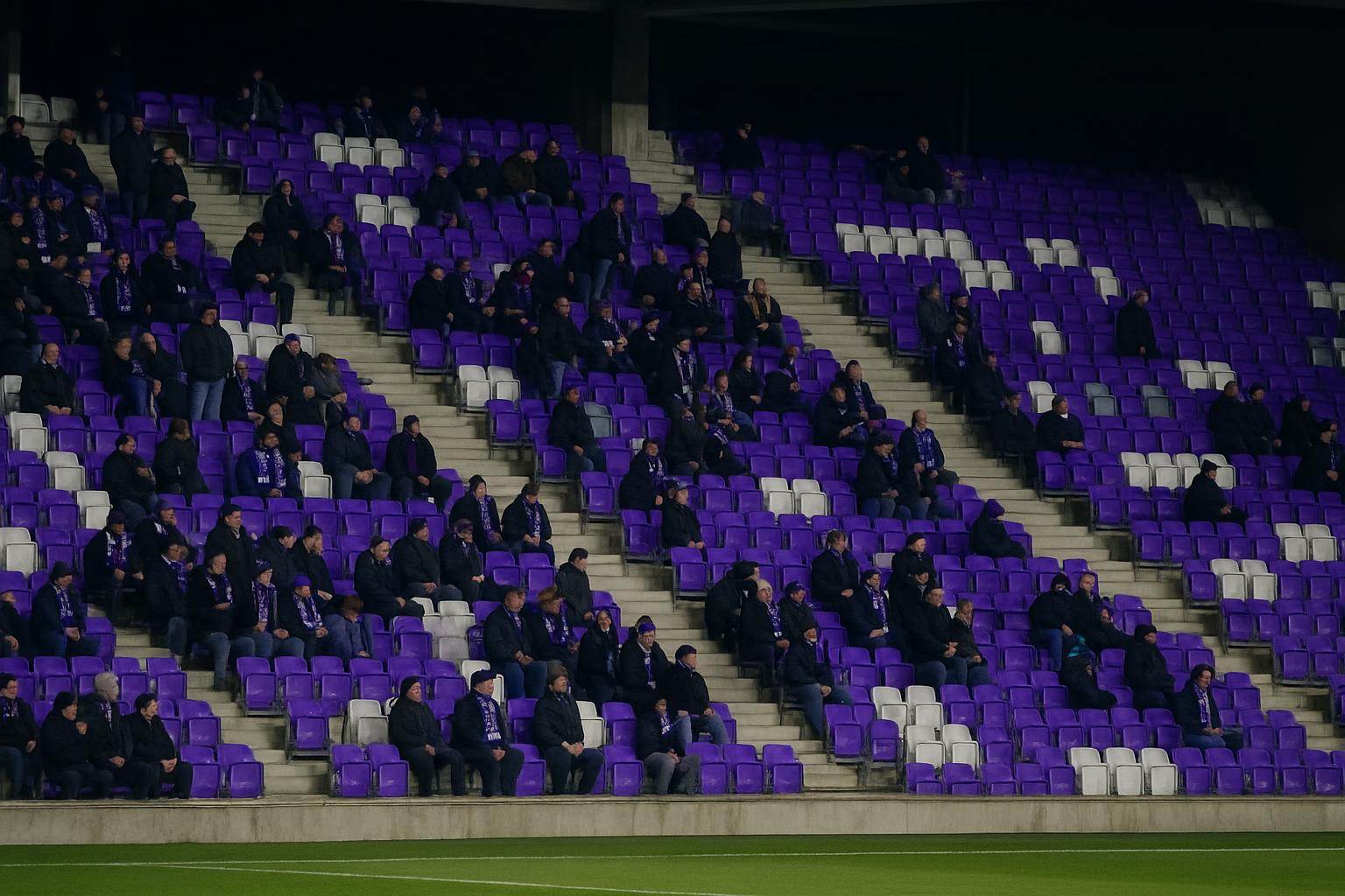 Sfeerbeeld in het Olympisch Stadion van Beerschot tijdens een avondmatch, met tribunes zonder herkenbare gezichten.
