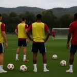 Arsenal-spelers op training in Spanje in aanloop naar de Champions League-wedstrijd, zonder herkenbare gezichten.