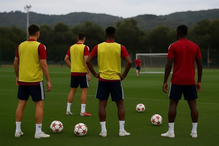 Arsenal-spelers op training in Spanje in aanloop naar de Champions League-wedstrijd, zonder herkenbare gezichten.
