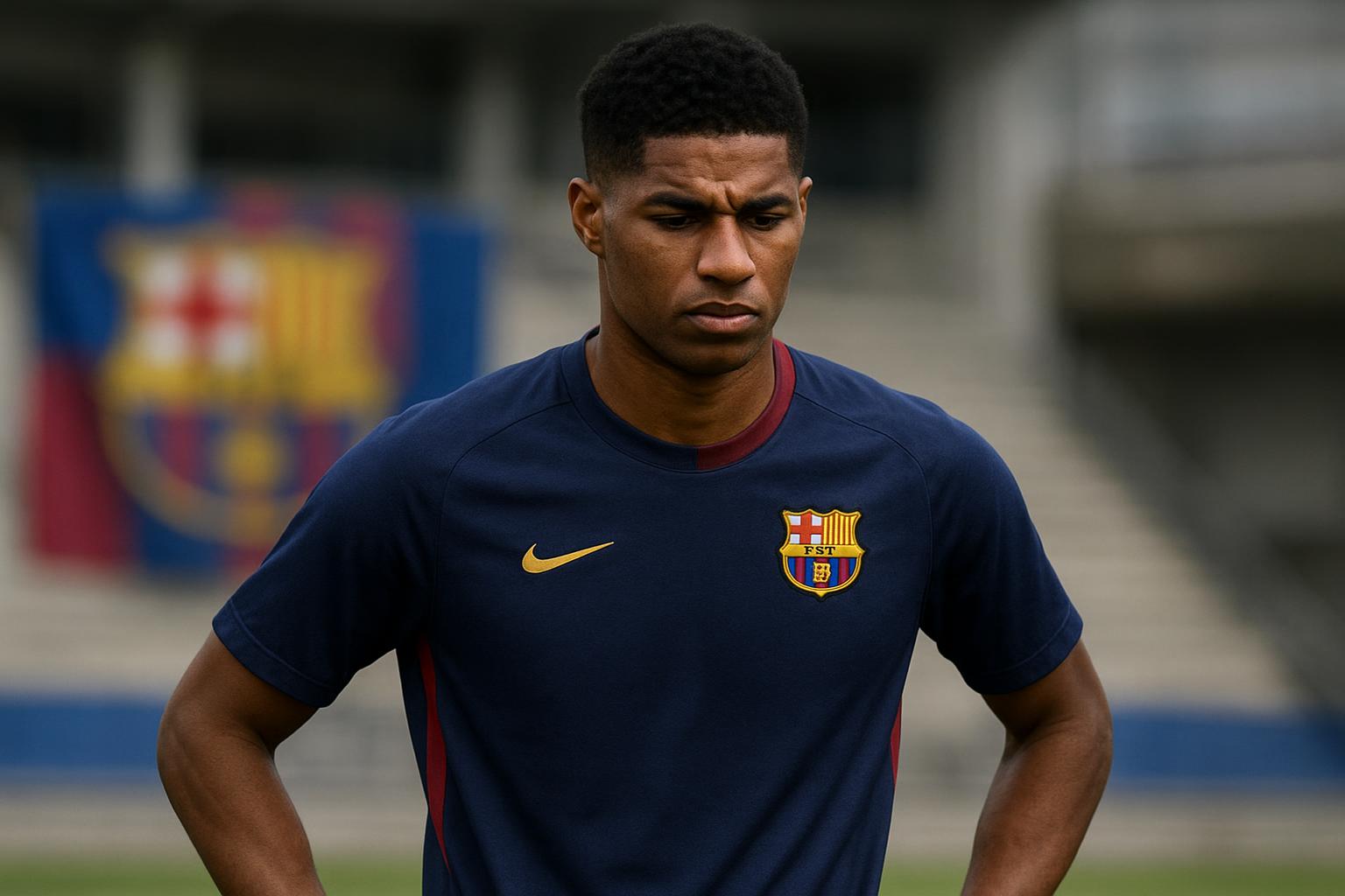 Sfeerbeeld rond Camp Nou met spelers in training, gelinkt aan de onzekerheid over Marcus Rashford bij FC Barcelona