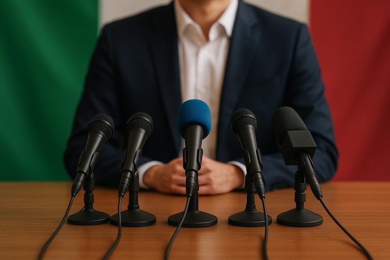 Persmoment bij de Italiaanse bond na het vertrek van de bondscoach, met microfoons in beeld.