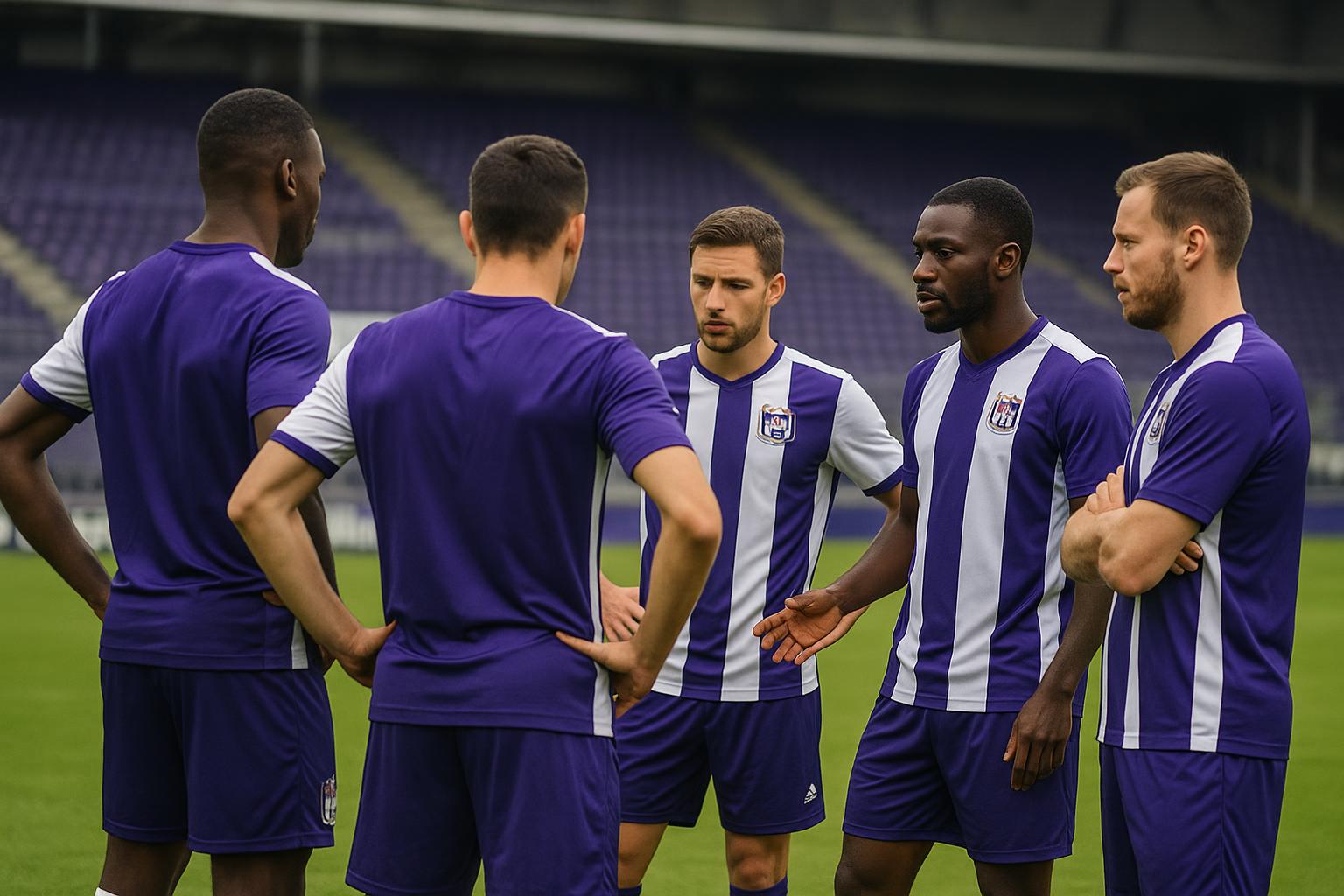 Spelers van RSC Anderlecht vieren samen op het veld in een wedstrijdsetting.
