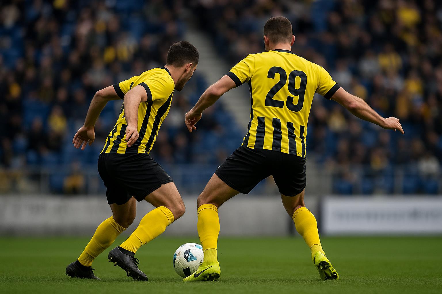 Spelers van STVV in een wedstrijdmoment met focus op intensiteit, zonder herkenbare gezichten.
