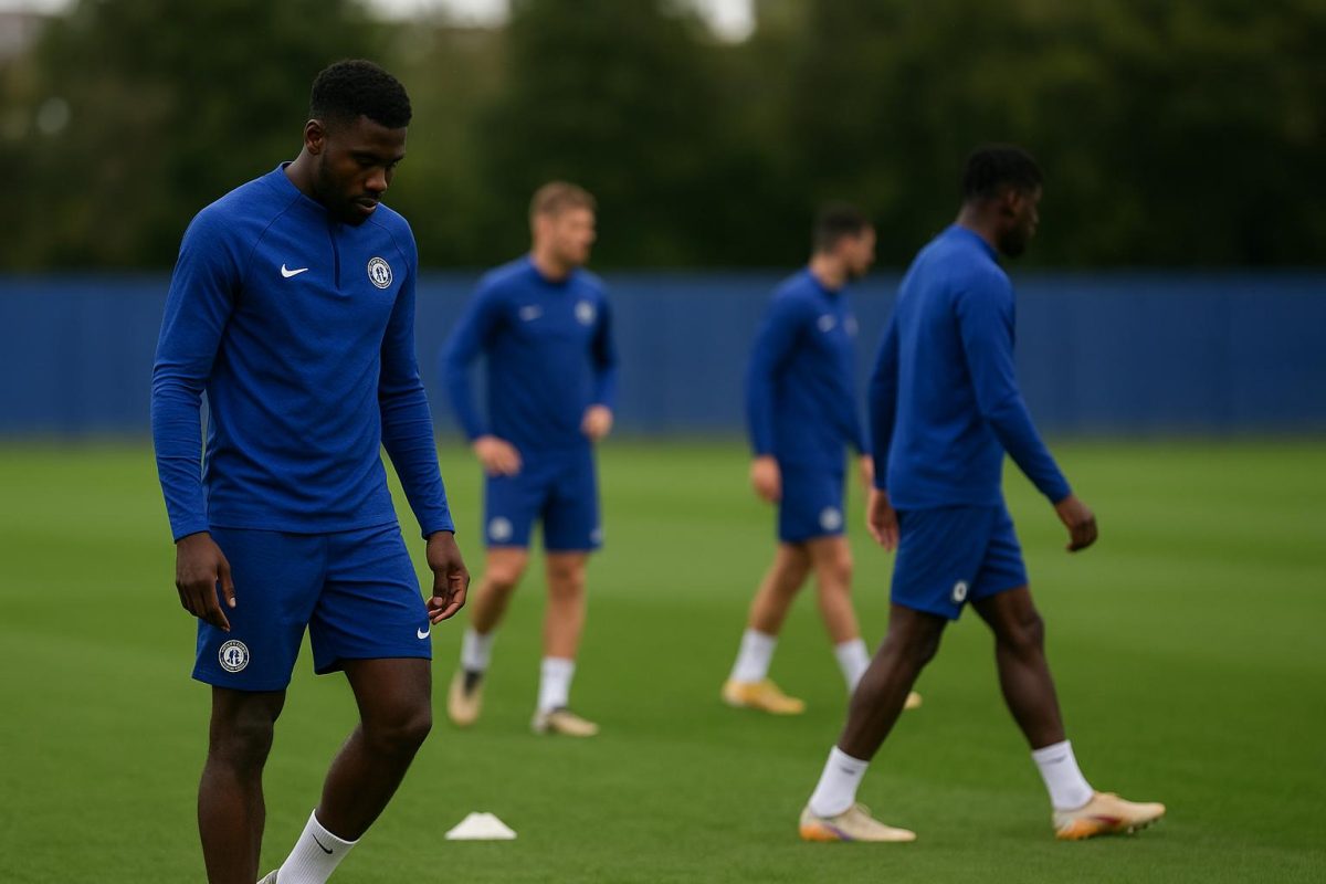 Chelsea-spelers op training in een internationale context, zonder herkenbare gezichten