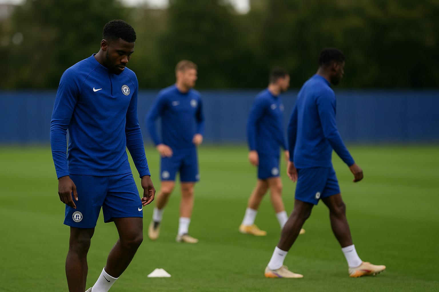 Chelsea-spelers op training in een internationale context, zonder herkenbare gezichten