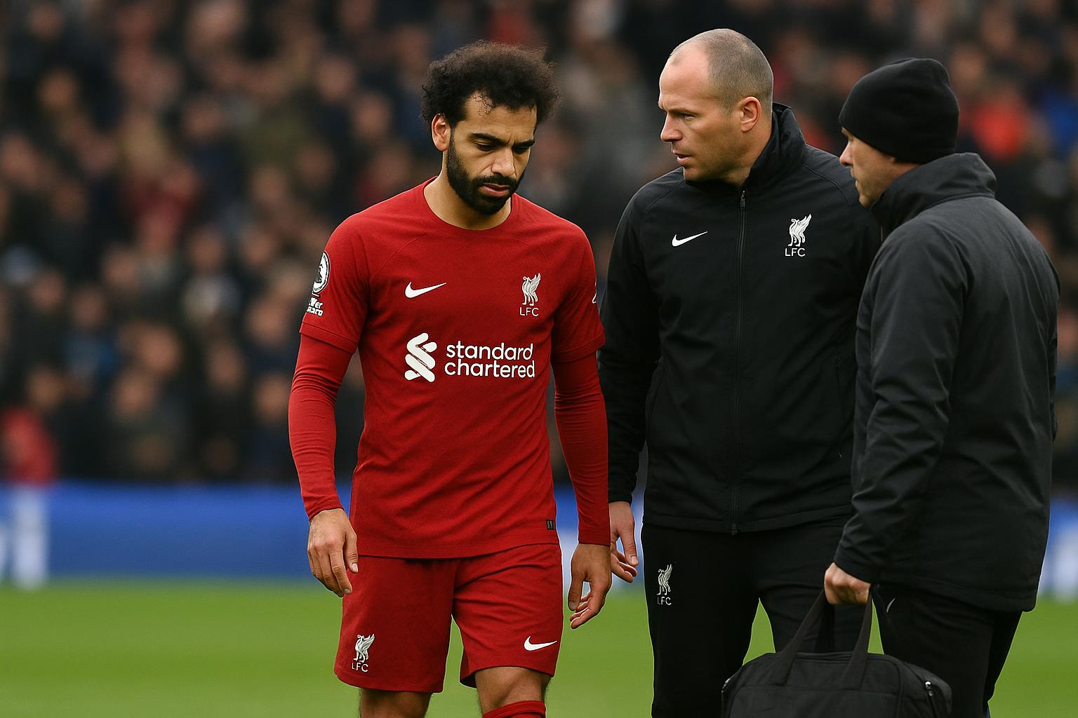 Liverpool-speler Mohamed Salah verlaat het veld na een blessure in een wedstrijd