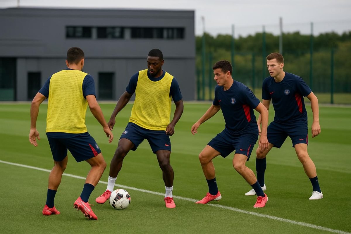 PSG-spelers op training met focus op de flank, zonder herkenbare gezichten