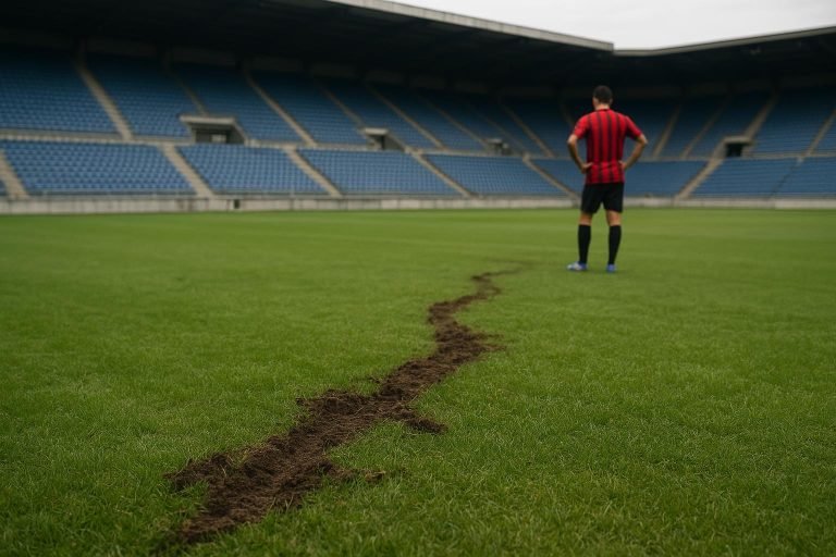 Zicht op een stuk grasmat in een stadionomgeving na vandalisme, zonder herkenbare personen.