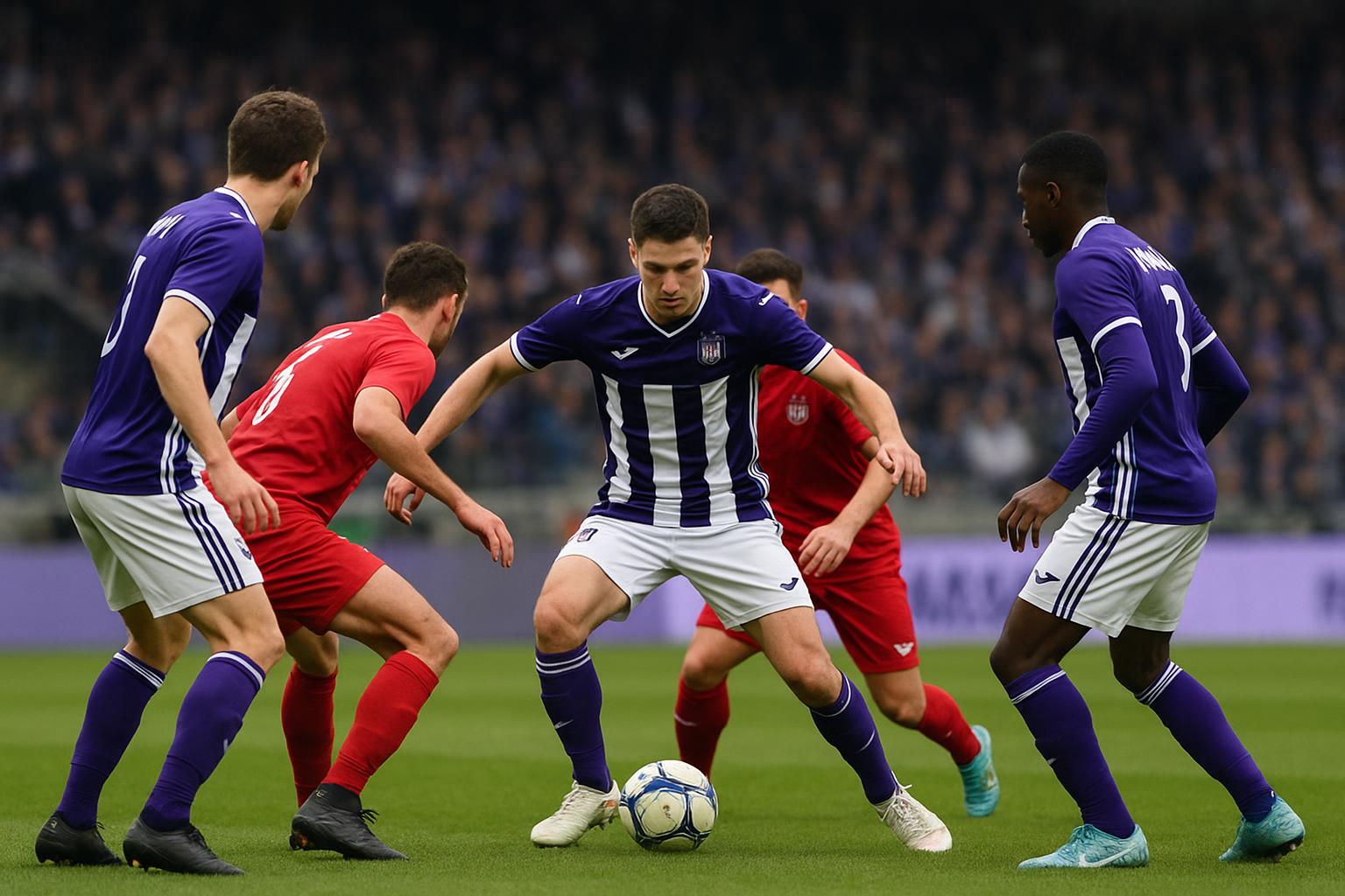 Spelers van RSC Anderlecht in wedstrijdsituatie na een tactische verschuiving op het middenveld