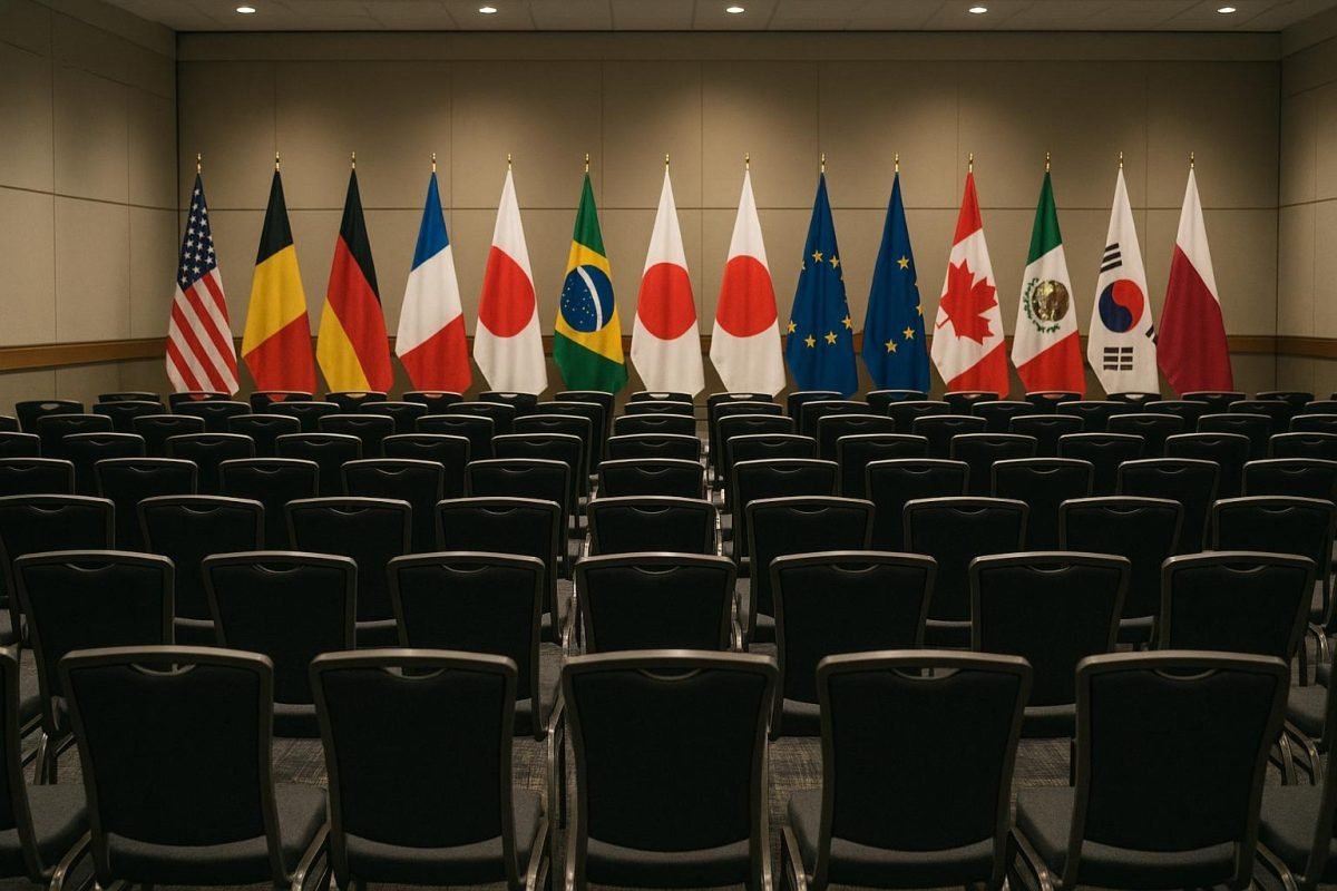 Sfeerbeeld van een congreszaal tijdens het FIFA-congres in Vancouver met vlaggen, zonder herkenbare gezichten.