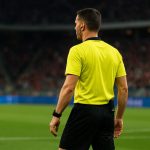 Scheidsrechter Danny Makkelie in een stadionomgeving tijdens een VAR-moment