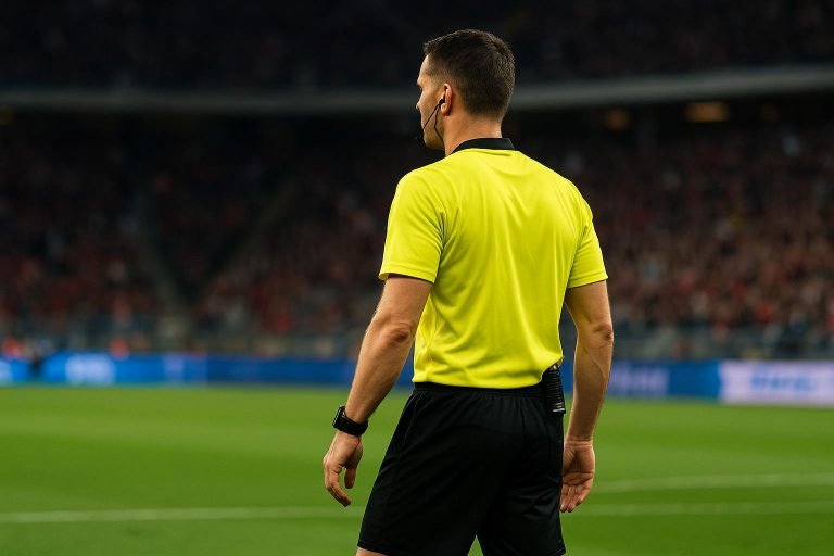 Scheidsrechter Danny Makkelie in een stadionomgeving tijdens een VAR-moment