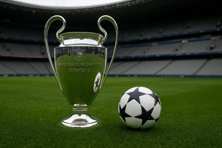 Champions League-trofee in een stadionomgeving als symbool voor Europese tv-rechten