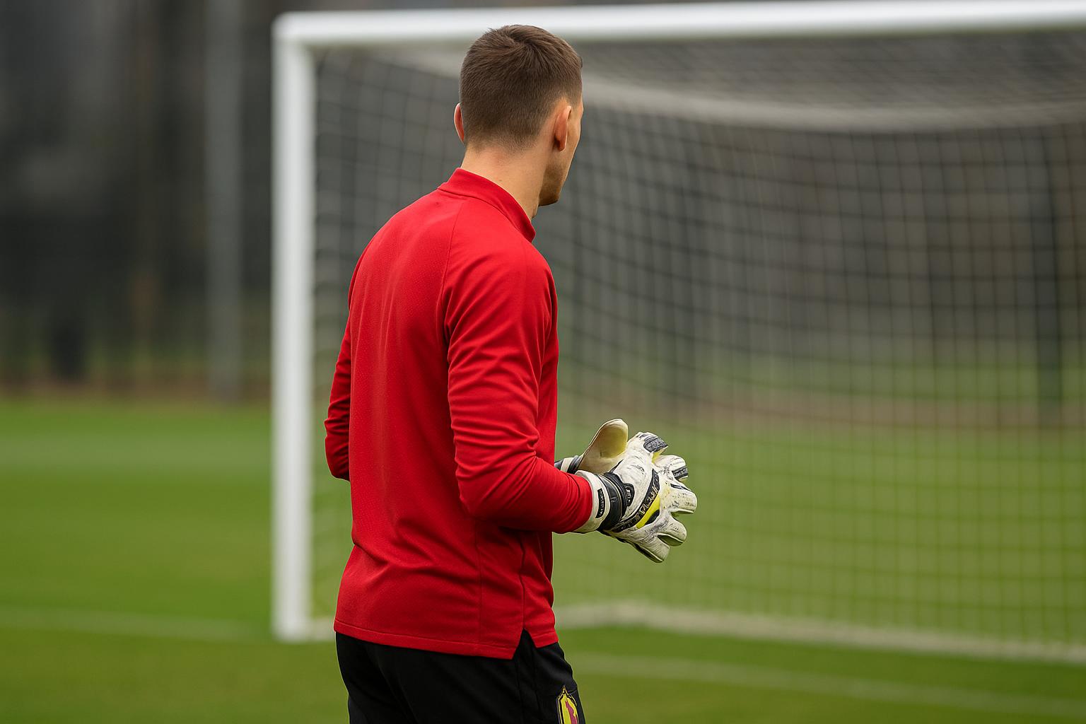 Mike Penders in keeperscontext tijdens een training, met focus op handschoenen en doelgebied.