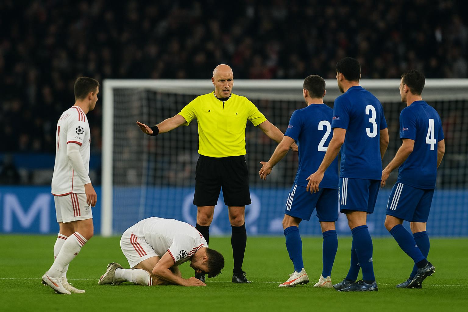 Spelmoment in een Champions League-wedstrijd met discussies rond een strafschop, gezien vanop afstand in het stadion.