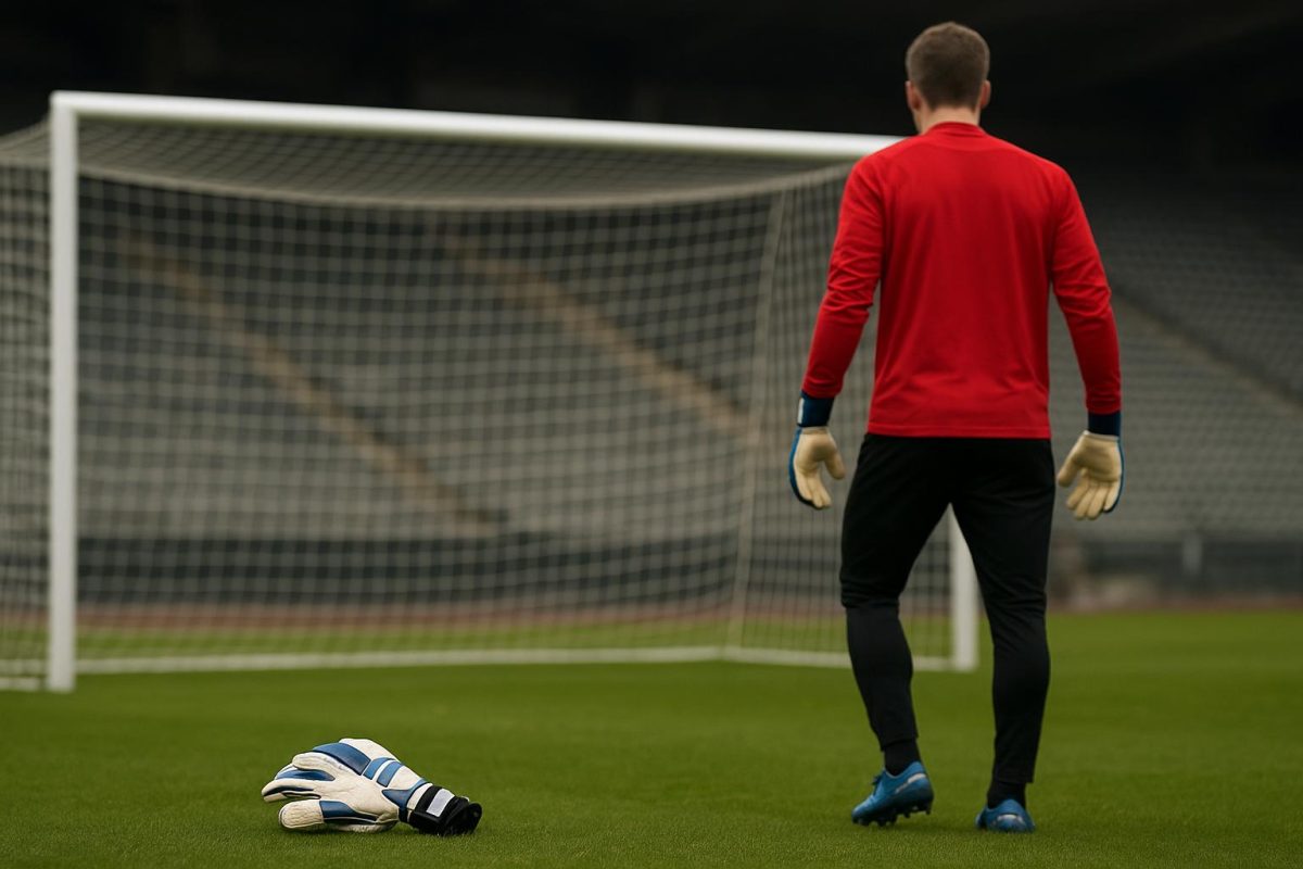 Doelman in trainingsoutfit bij een oefensessie, gezien vanop afstand.