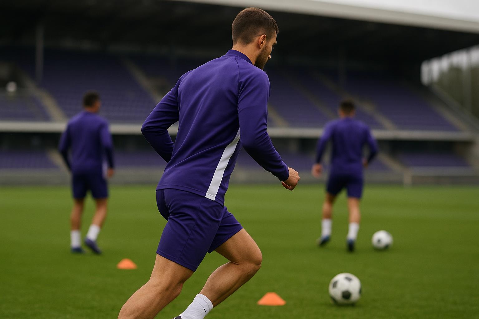 Cรฉsar Huerta op training bij RSC Anderlecht, gefotografeerd vanop afstand op het oefenveld