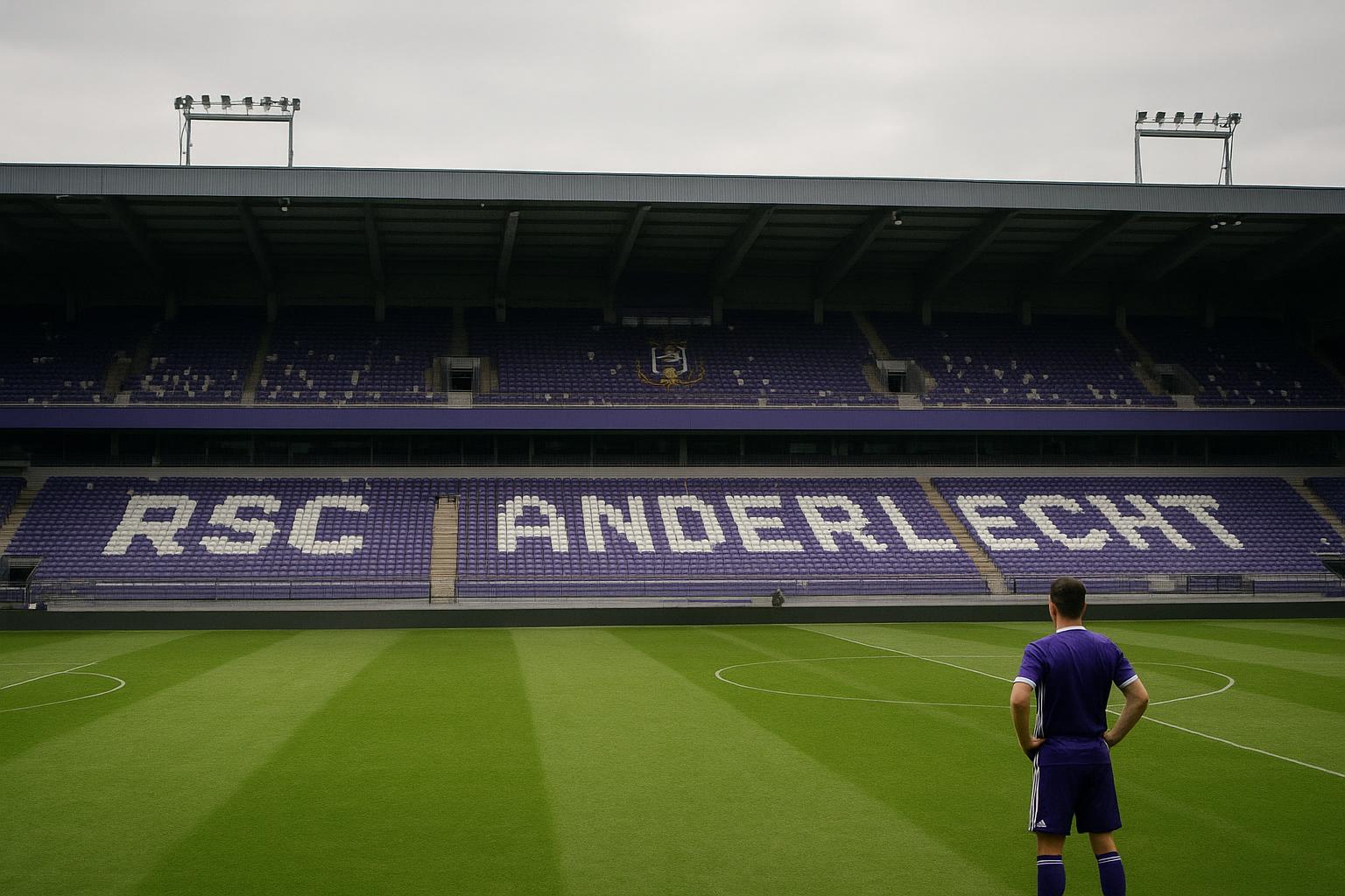 Sfeerbeeld in het Lotto Park bij RSC Anderlecht, met focus op het stadion en zonder herkenbare gezichten.