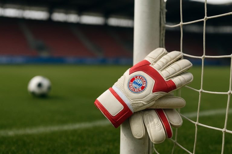 Doelmanstraining in een stadionomgeving met handschoenen en doelnet, zonder herkenbare gezichten.