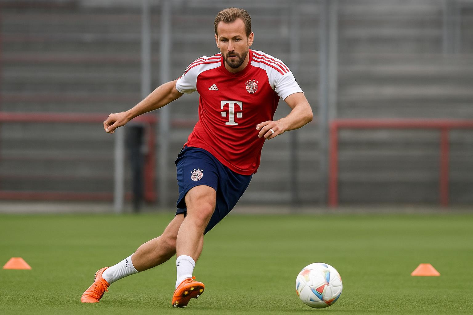 Harry Kane in trainingscontext bij Bayern München met focus op voorbereiding