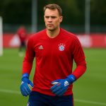 Bayern-doelman Manuel Neuer op training terwijl Vincent Kompany toekijkt