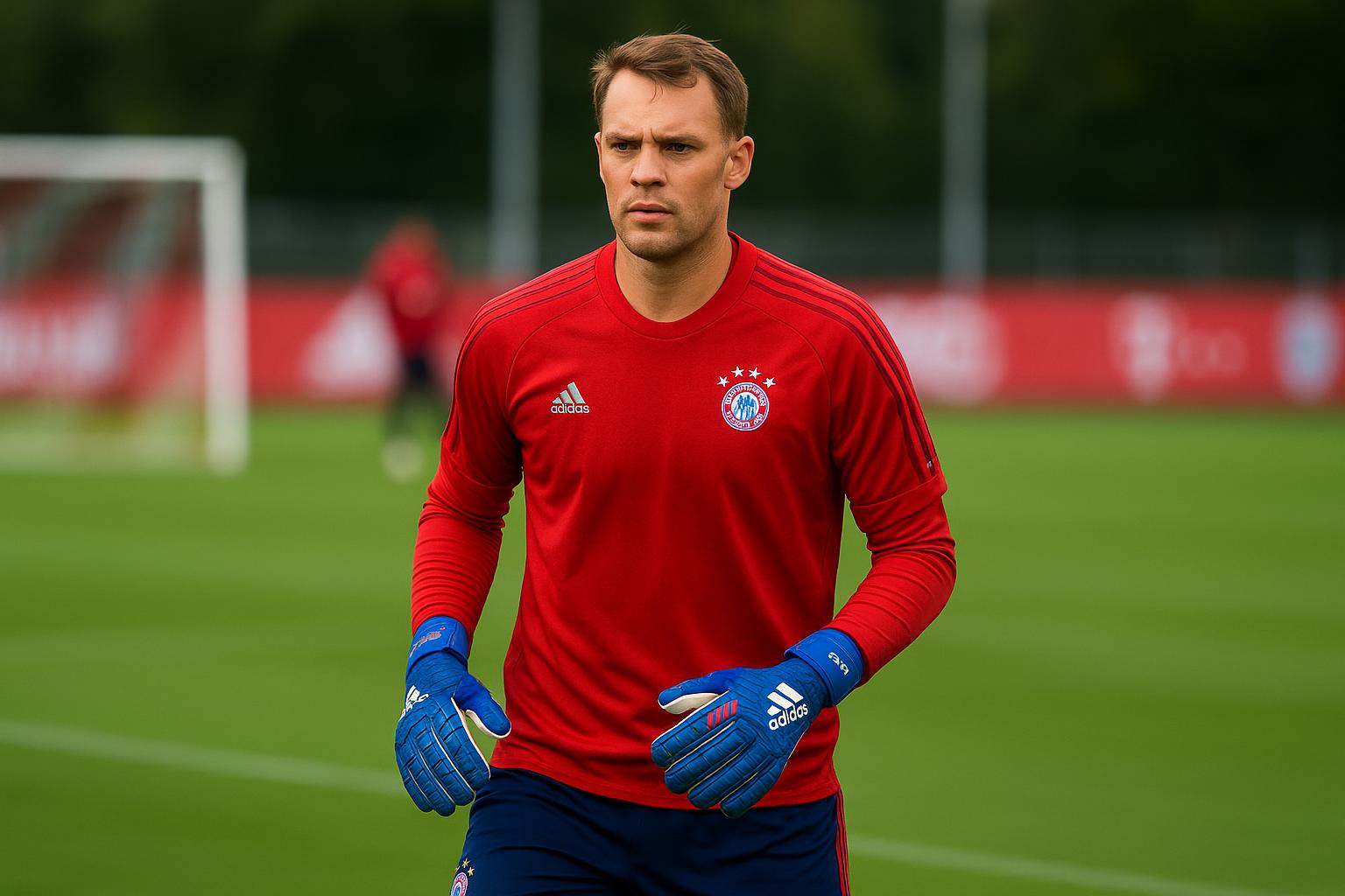 Bayern-doelman Manuel Neuer op training terwijl Vincent Kompany toekijkt