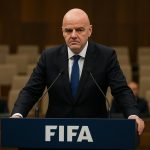 Sfeerbeeld van een FIFA-congreszaal tijdens een persmoment, met een podium en vlaggen op de achtergrond