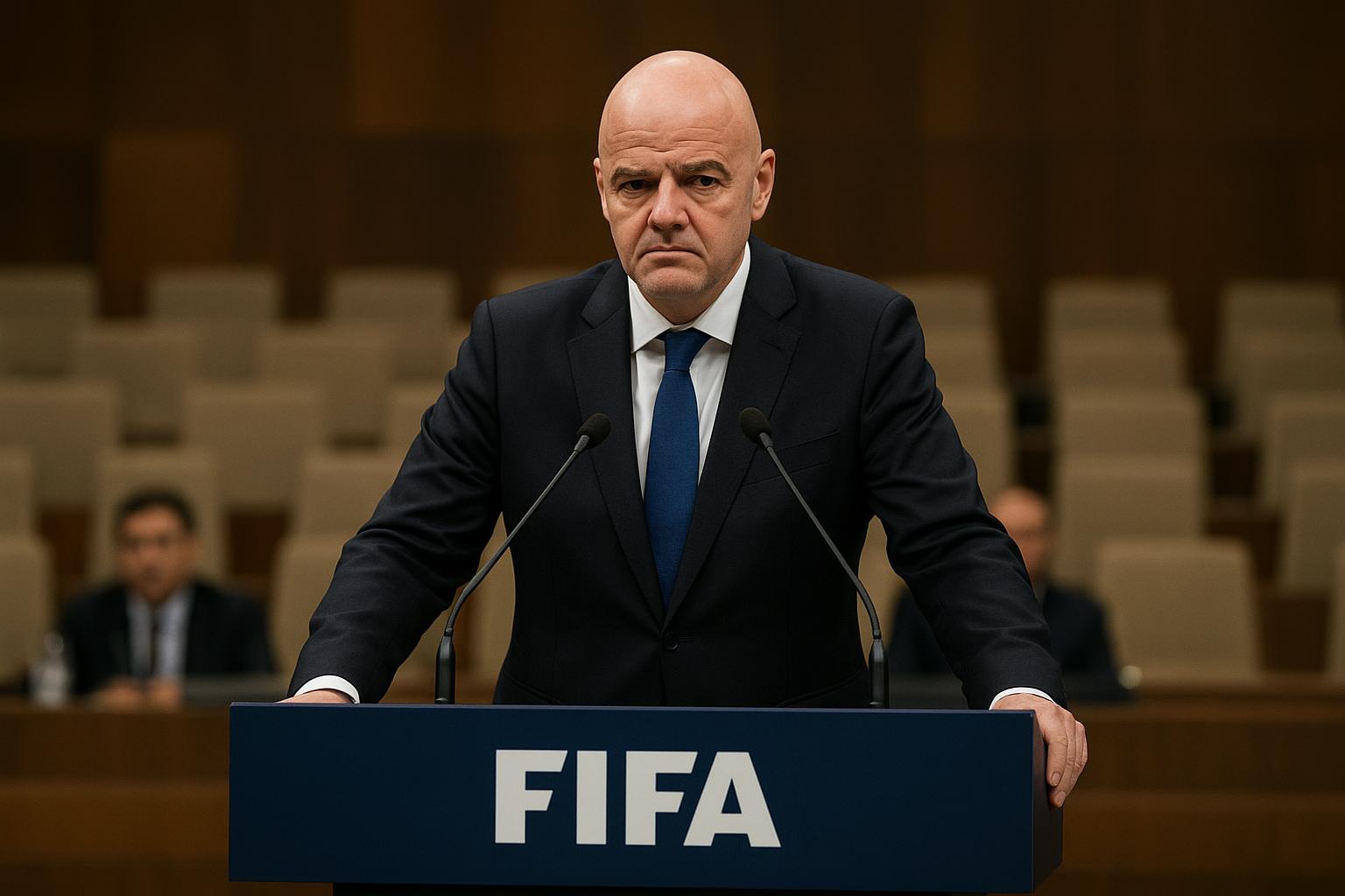 Sfeerbeeld van een FIFA-congreszaal tijdens een persmoment, met een podium en vlaggen op de achtergrond