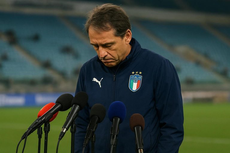 Teleurgestelde bondscoach van Italië in de mixed zone na de uitschakeling na strafschoppen
