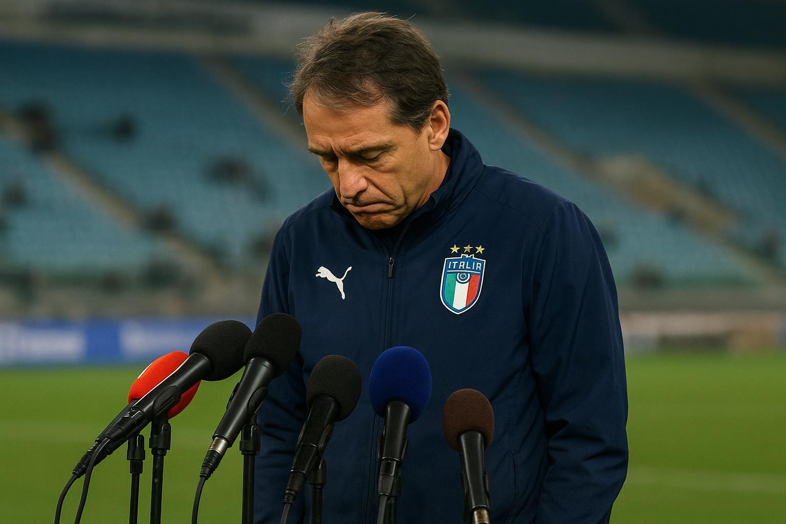 Teleurgestelde bondscoach van Italië in de mixed zone na de uitschakeling na strafschoppen