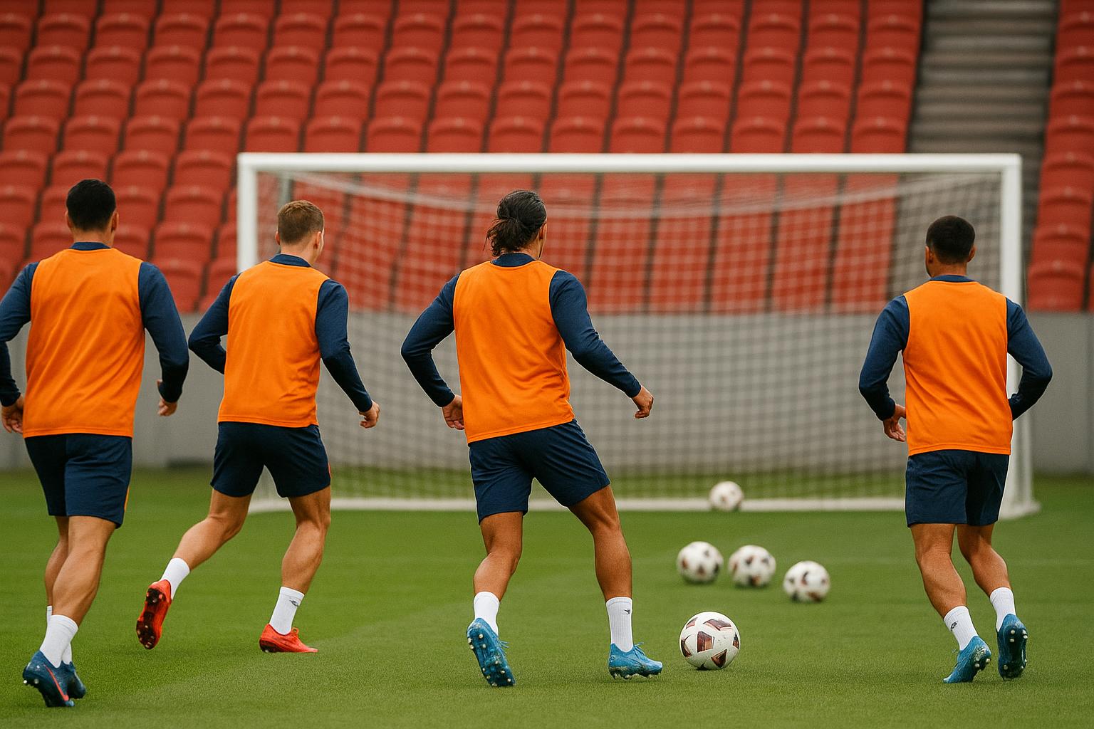 Spelers van het Nederlands elftal tijdens een training op aanvallende afwerking.