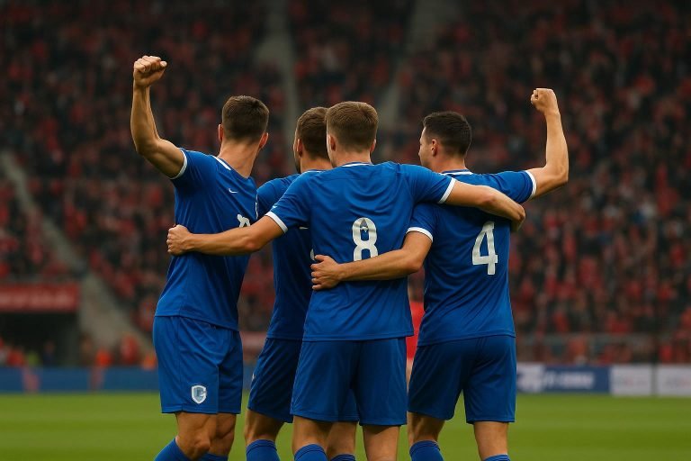 Genk-spelers vieren na een doelpunt op het veld van Royal Antwerp FC in de Europe Play-Offs