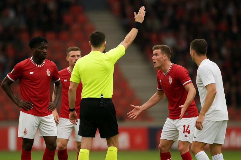Spelers van Royal Antwerp FC reageren in het strafschopgebied tijdens een VAR-moment op de Bosuil.