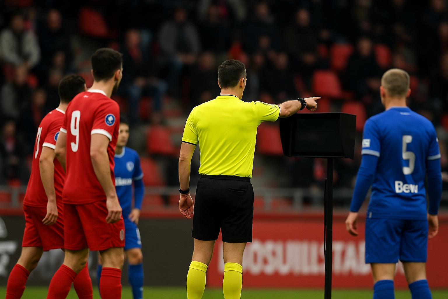 Spelers van Antwerp en Genk discussiëren met de scheidsrechter na een VAR-moment op de Bosuil