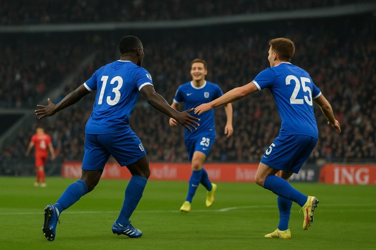 KRC Genk viert een doelpunt in de match tegen Royal Antwerp FC