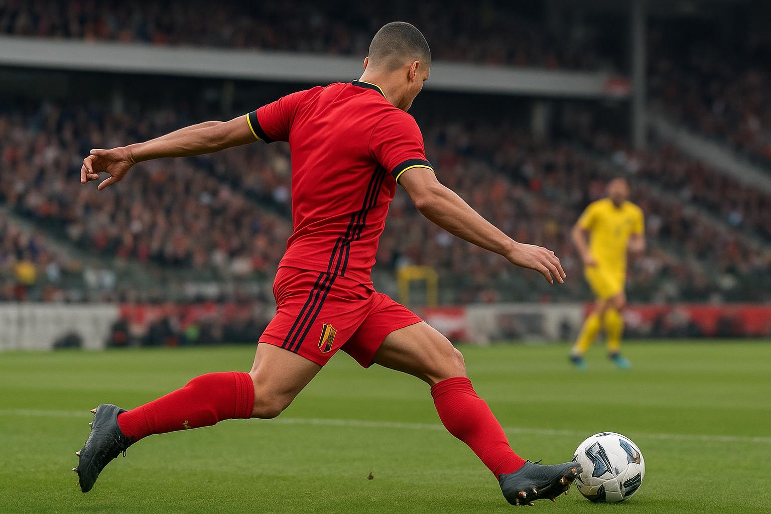 Sfeerbeeld rond de Rode Duivels tijdens een interland, met speler in actie zonder herkenbare gezichten