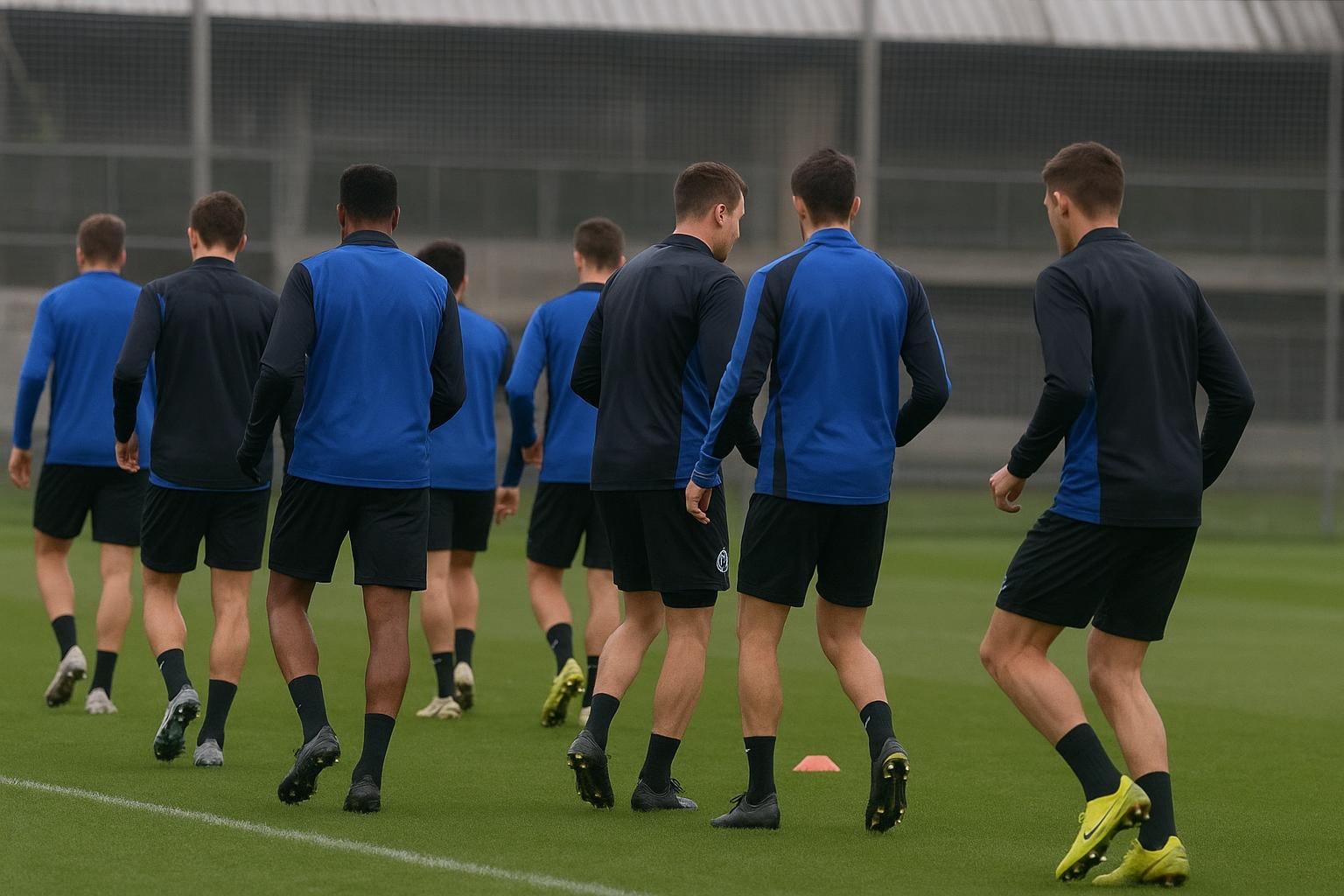 Hans Vanaken van Club Brugge tijdens een training, gefotografeerd vanop afstand zonder herkenbare gezichten.