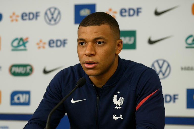Kylian Mbappé tijdens een persmoment met de Franse nationale ploeg