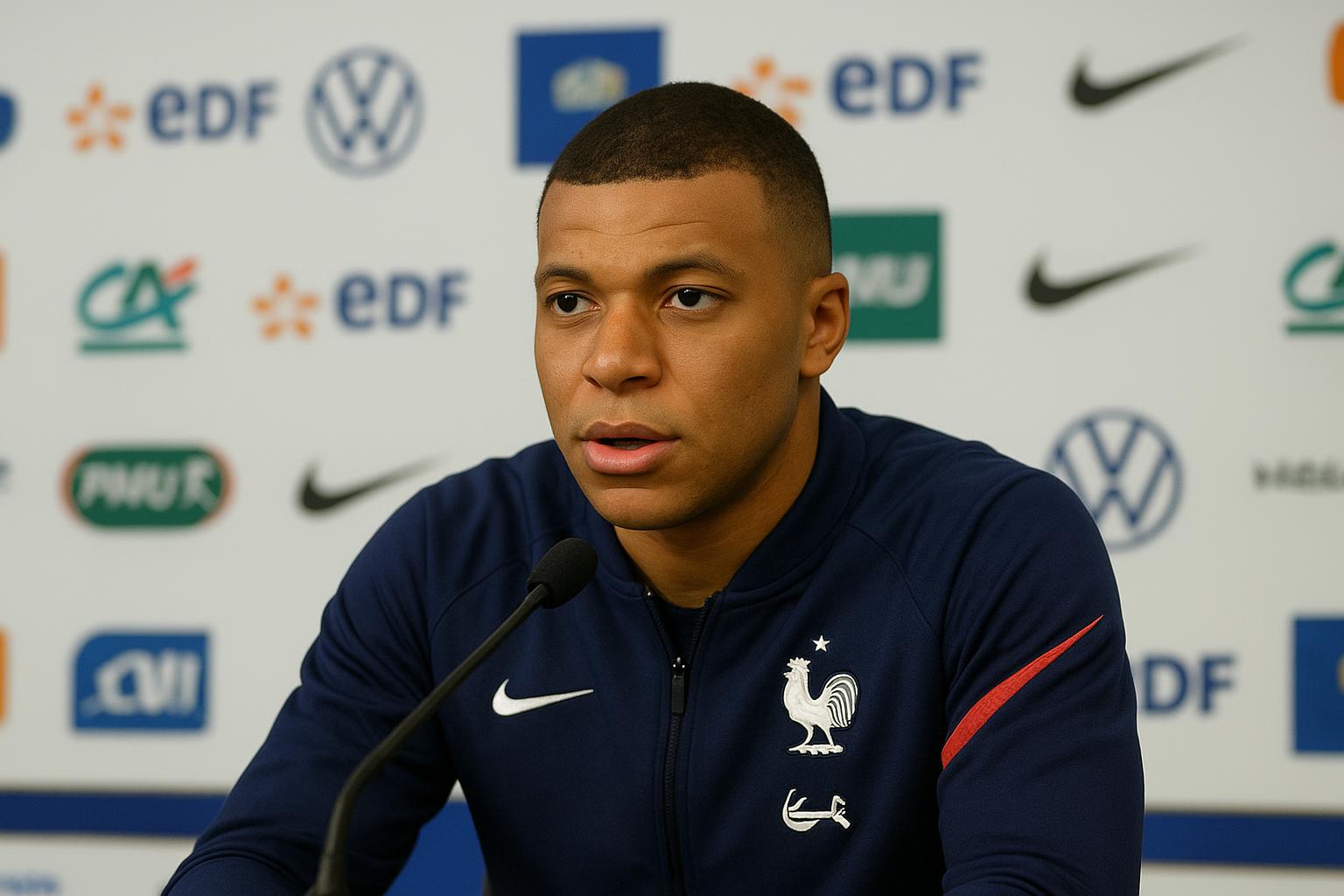 Kylian Mbappé tijdens een persmoment met de Franse nationale ploeg