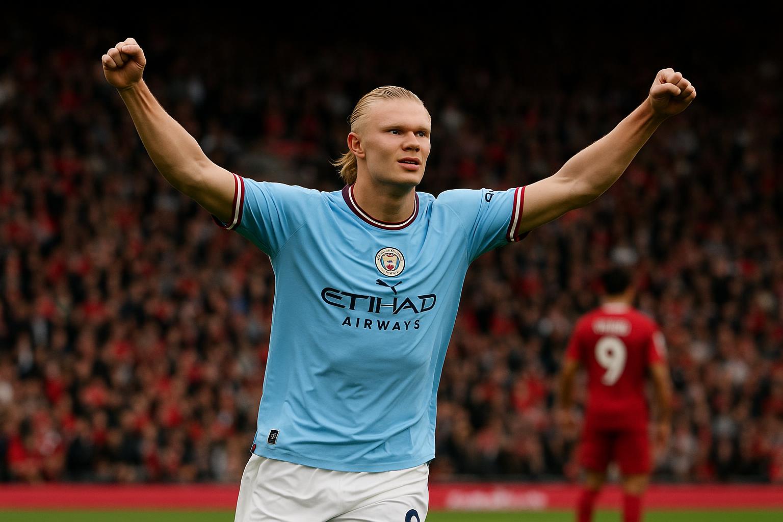 Spelers van Manchester City vieren een doelpunt tegen Liverpool in het Etihad Stadium