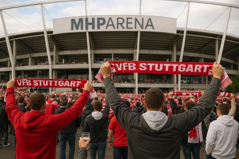 Sfeerbeeld aan de MHPArena in Stuttgart, waar supporters samenkomen op een wedstrijddag.