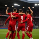 Spelers van Standard vieren een goal tijdens de Europe Play-Off-wedstrijd bij OH Leuven.