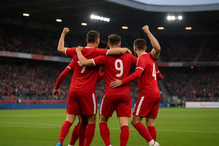 Spelers van Standard vieren een goal tijdens de Europe Play-Off-wedstrijd bij OH Leuven.