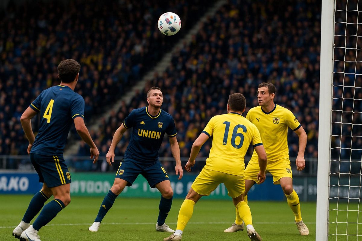 Wedstrijdbeeld van Union Saint-Gilloise tegen STVV in het Dudenpark tijdens de Champions’ Play-offs