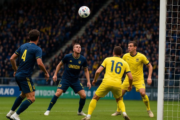 Wedstrijdbeeld van Union Saint-Gilloise tegen STVV in het Dudenpark tijdens de Champions’ Play-offs