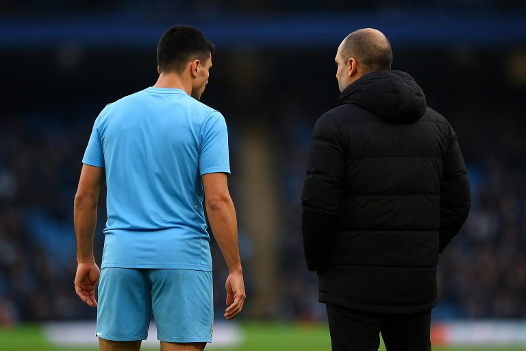 Rodri van Manchester City op het veld met Pep Guardiola op de achtergrond