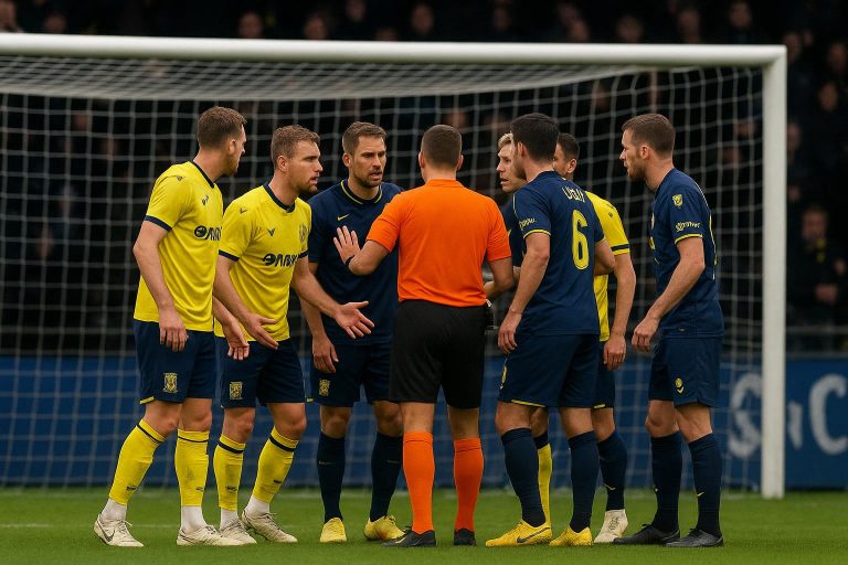Spelers van Union SG en STVV discussiëren na een late fase in de Champions' Play-Off.
