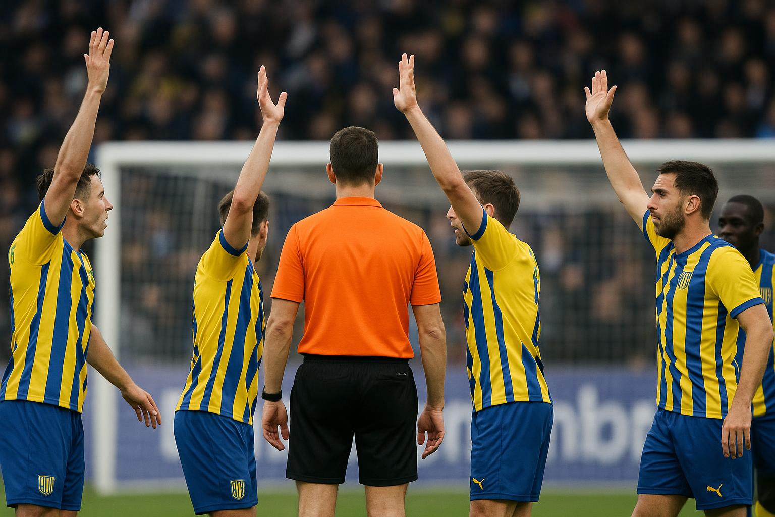 Spelers van Union en STVV discussieren met de scheidsrechter na een fase in de zestien