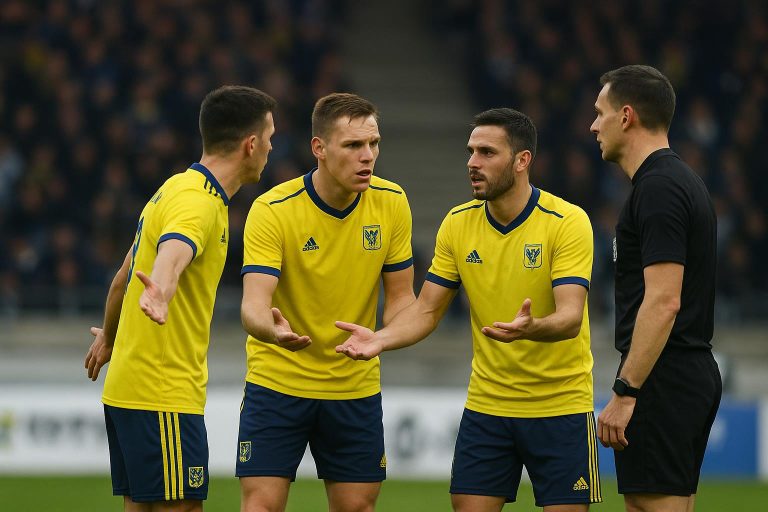 STVV-spelers reageren teleurgesteld na een betwiste fase tegen Union