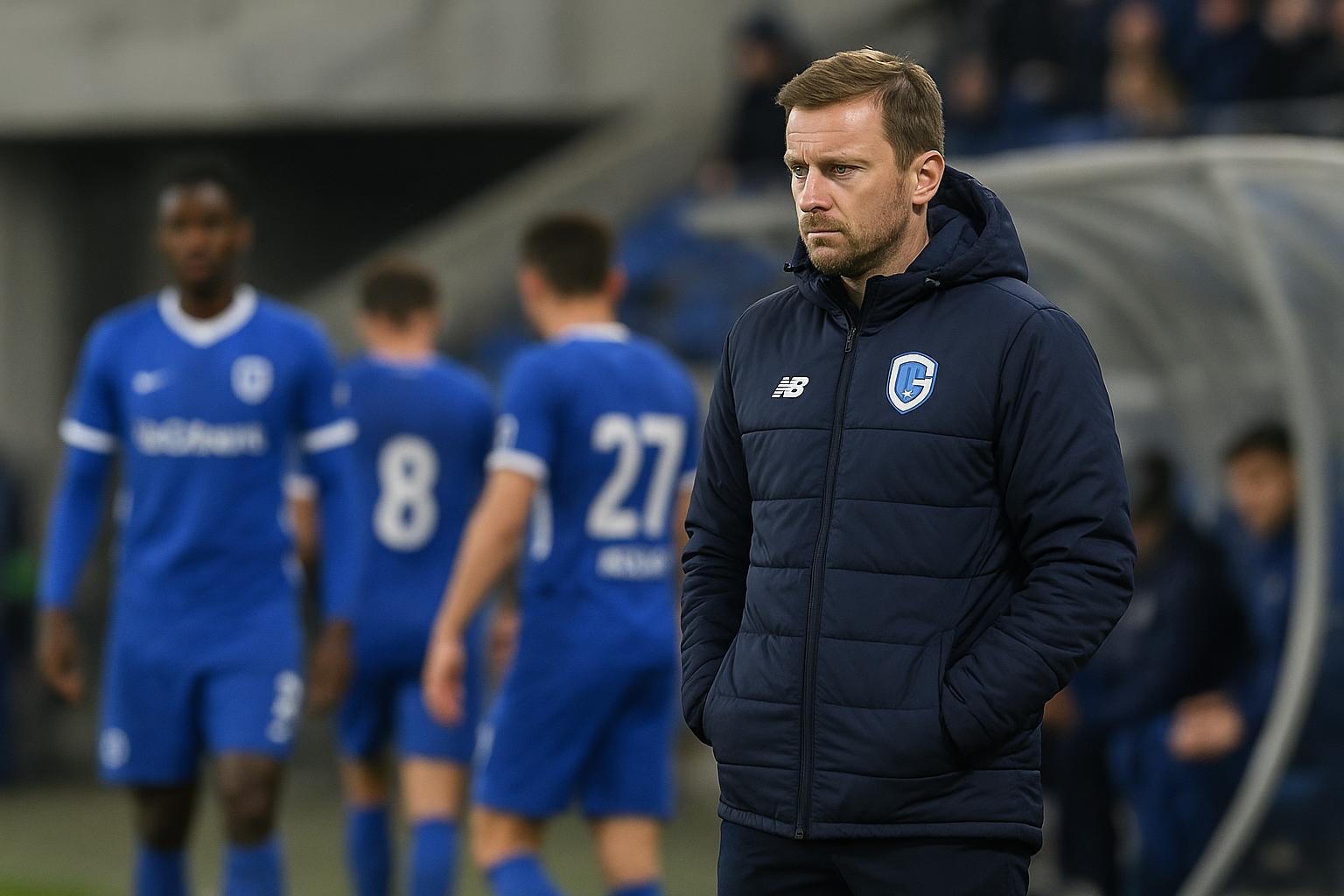 Nicky Hayen van KRC Genk langs de zijlijn tijdens de wedstrijd op Antwerp